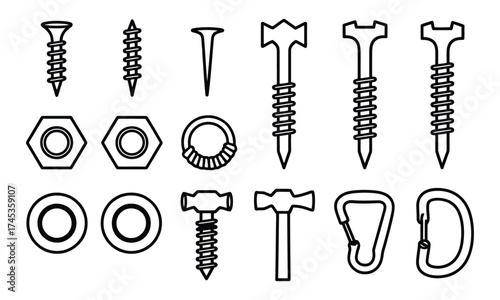 Screw tools set, bolt and nail nut. Hook and fastener, carpenter icons, building drill, clincher, business construction. Flat isolated elements. Vector black silhouette utter collection 