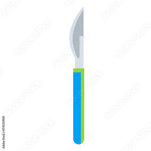 A modern kitchen knife with a blue and green handle.