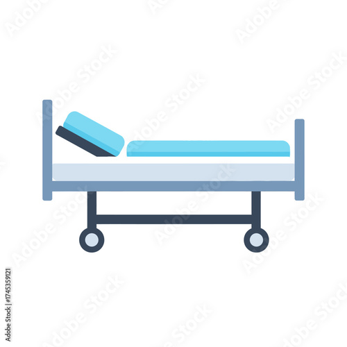 Hospital bed with wheels and a pillow for patient care and treatment.