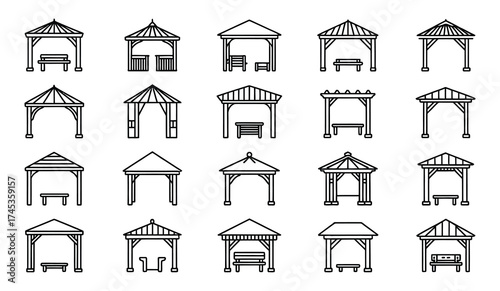 Collection of pergola icons with various designs, perfect for garden and patio projects.