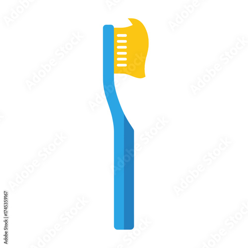 A blue toothbrush with yellow bristles and a yellow toothpaste blob.