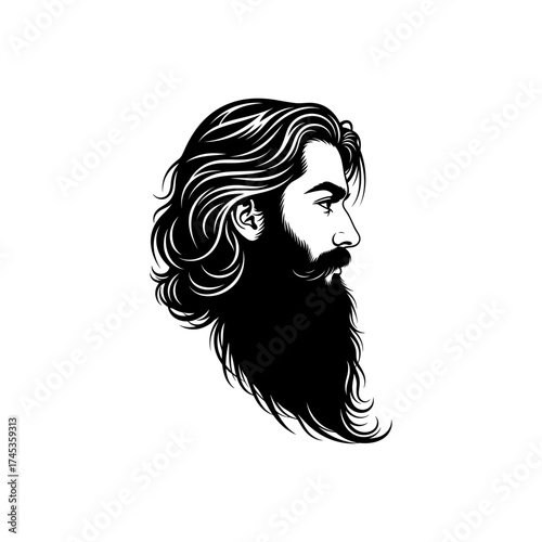 Man with long hair and beard in black and white vector side profile view art silhouette