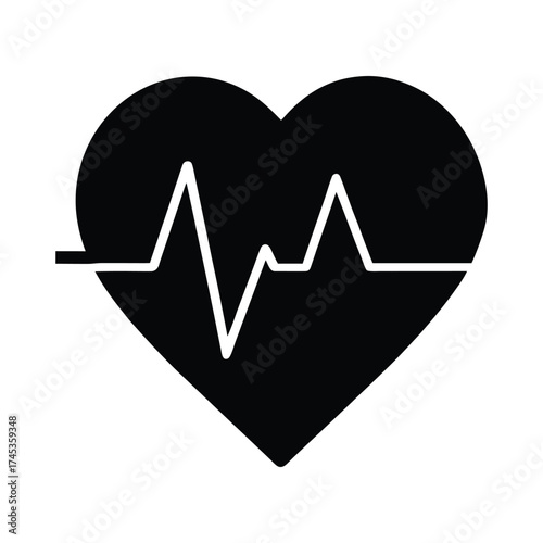Cardiology glyph icon showing a heart with an EKG pulse wave, symbolizing life, health, and medical care