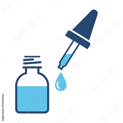 Illustration of a bottle with liquid and a dropper.
