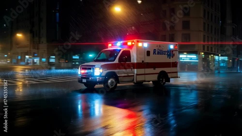 Ambulance driving down street emergency vehicle lights flashing at night during rain in city illuminated road reflections footage