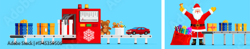 Happy Santa Claus with gift bag next to a conveyor belt with gift boxes. Christmas gift factory production line. Santa workshop for children.
