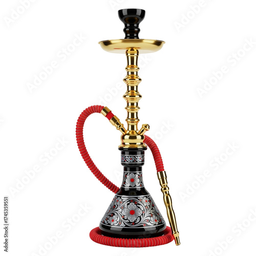 Elegant golden hookah with red hose isolated on transparent background, perfect for shisha smoking and middle eastern culture