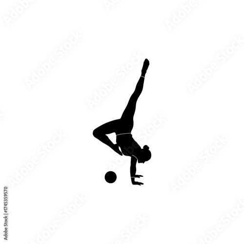 Silhouette of a woman doing a handstand with a ball on a white background