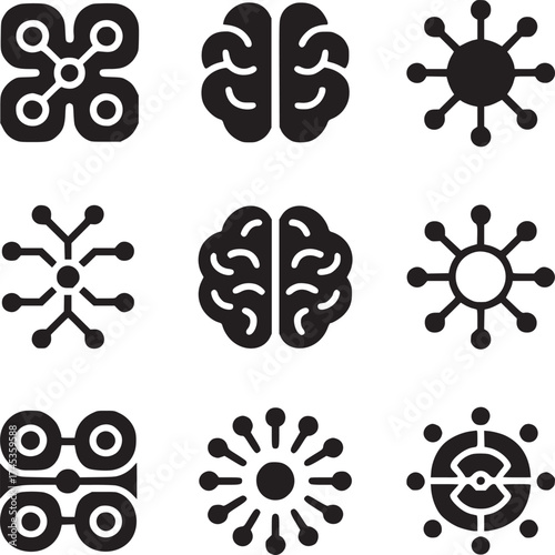 Nine black icons arranged in a grid featuring brains networks and circular designs on a white background