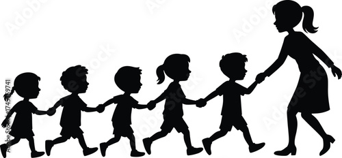 Teacher Leading Group of Children Silhouette Illustration. Preschool Kids Holding Hands with Caregiver Vector.