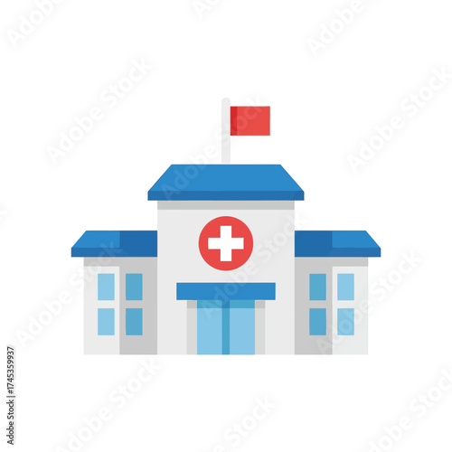 Modern Hospital Building with Red Cross Symbol and Flag.