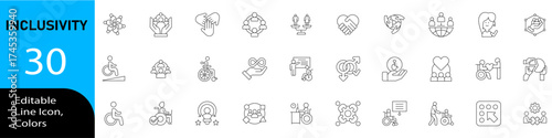 Inclisivity line icon set. Modern minimal design showing diversity, equality, teamwork, community, respect, unity, social justice, accessibility and human rights concepts.