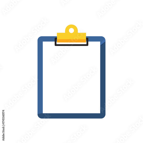Clipboard with blank white paper and yellow clip.
