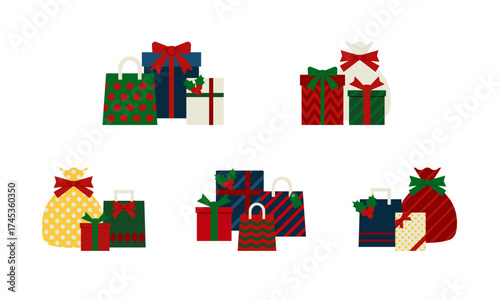 クリスマスギフトの様々な組み合わせのシンプルなイラスト素材セット