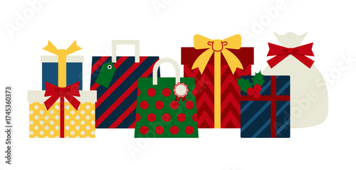 リボンや柊でラッピングされたクリスマスギフトの集まりのイラスト素材