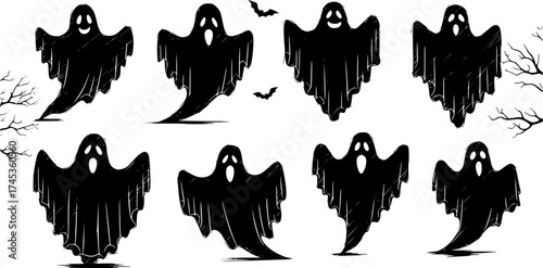 Black Ghosts with Bats – Spooky Halloween Vector Set