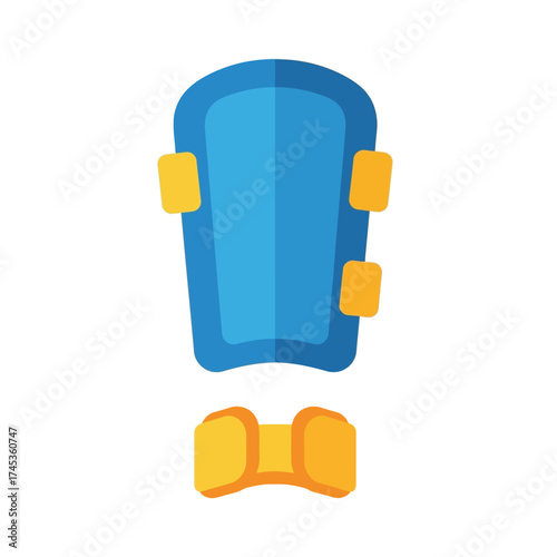 Blue shin guard with yellow straps for sports protection and safety.