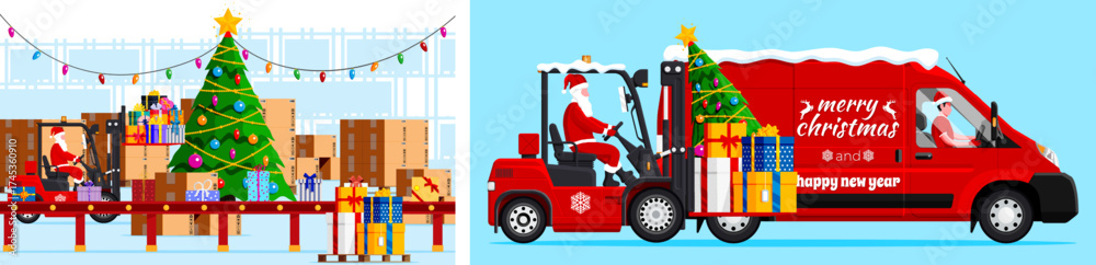 Naklejka premium Santa Claus on a forklift in a warehouse with Christmas gifts and a man driving a red delivery van, festive holiday logistic concept.