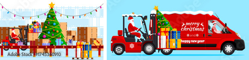 Santa Claus on a forklift in a warehouse with Christmas gifts and a man driving a red delivery van, festive holiday logistic concept.