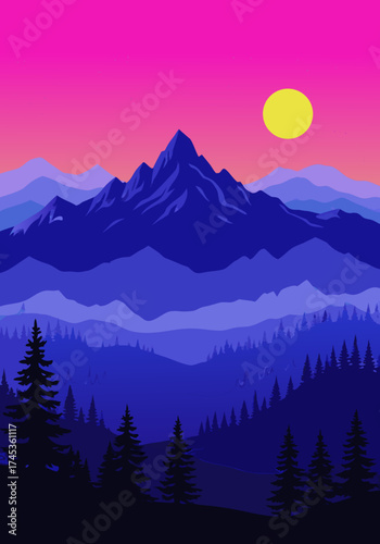 Vibrant vector illustration of a layered mountain landscape at sunset, with a colorful gradient sky and radiant sun, ideal for modern digital art and design