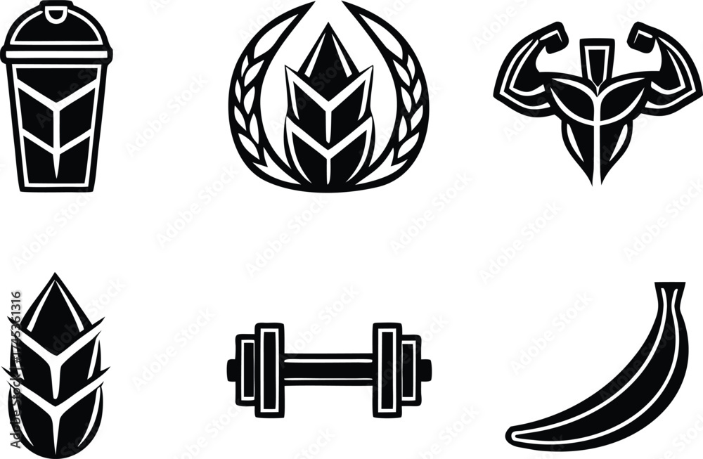 Fototapeta premium fitness, nutrition, gym, icon, set, glyph, workout, healthy, lifestyle, sport, bodybuilding, diet, protein, supplement, muscle, strength, power, energy