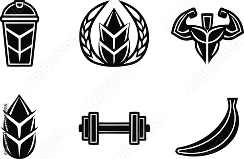 fitness, nutrition, gym, icon, set, glyph, workout, healthy, lifestyle, sport, bodybuilding, diet, protein, supplement, muscle, strength, power, energy