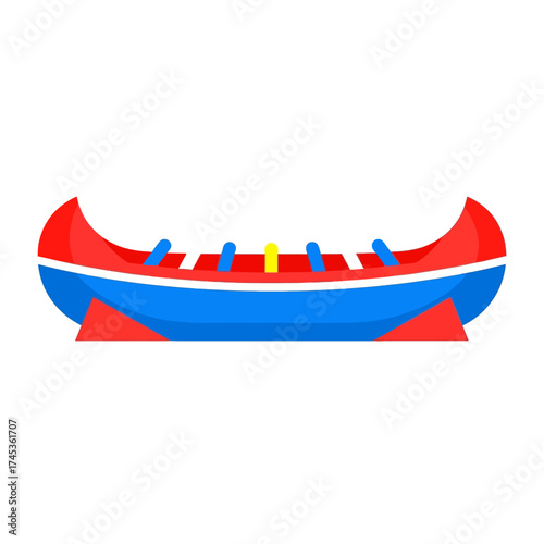 A colorful cartoon canoe with red and blue colors and yellow seats.