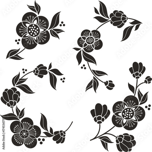 Non-AI floral vector sakura ornamental set with blossom and flowers in traditional Japanese style. Human-made exquisite greeting card, page, textile, wedding decoration designs, vinyl and laser ready.