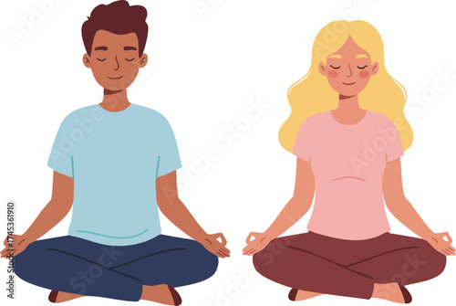 Flat Simple Illustration of Man and Woman Meditating for Wellness