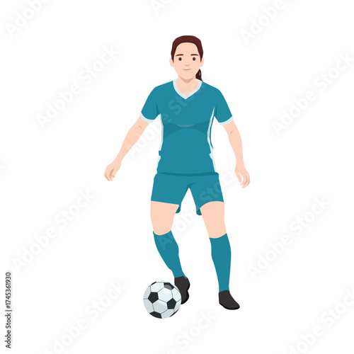 Female soccer player in teal uniform, standing with a football at her feet on the field. Flat vector illustration isolated on white background