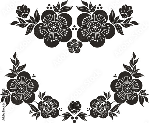Non-AI floral vector sakura ornamental set with blossom and flowers in traditional Japanese style. Human-made exquisite greeting card, page, textile, wedding decoration designs, vinyl and laser ready.