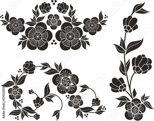 Non-AI floral vector sakura ornamental set with blossom and flowers in traditional Japanese style. Human-made exquisite greeting card, page, textile, wedding decoration designs, vinyl and laser ready.