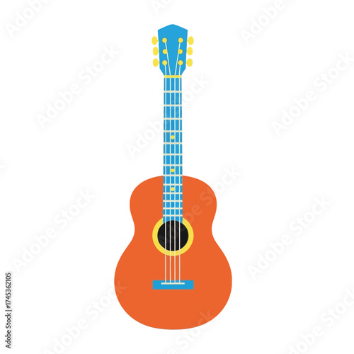 Acoustic guitar illustration with orange body and blue neck design.