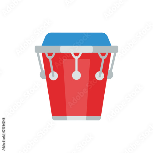 Red conga drum with blue top and silver hardware isolated on white background.