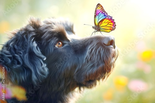 On the nose of a black dog sits a butterfly, the concept of peace and friendship, the unity of nature.