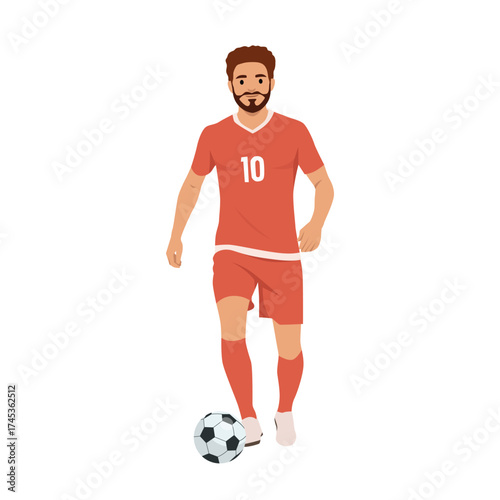 Male soccer player wearing a red jersey with number 10, dribbling a ball during a football match. Flat vector illustration isolated on white background