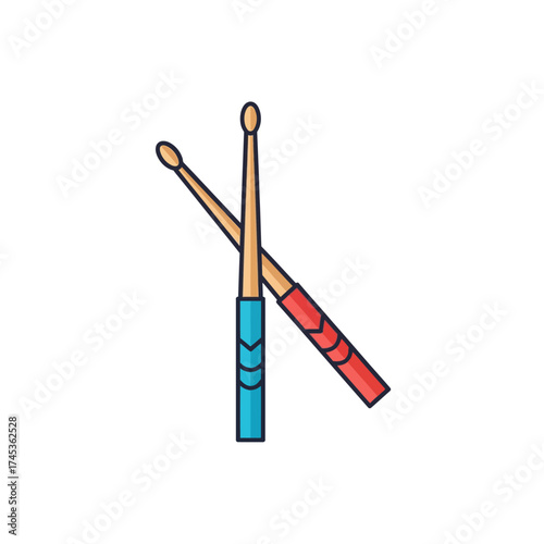 Two crossed drumsticks with colorful handles and wooden tips.