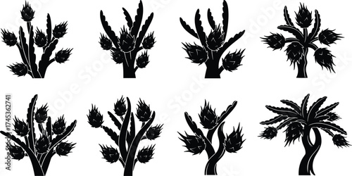 Stylized spiky tree silhouettes, abstract tropical plant illustration, black botanical design, exotic foliage art, agriculture concept, decorative nature, farming, fruit