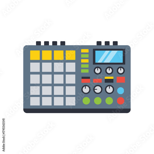 Electronic music production device with pads and controls for sound creation.