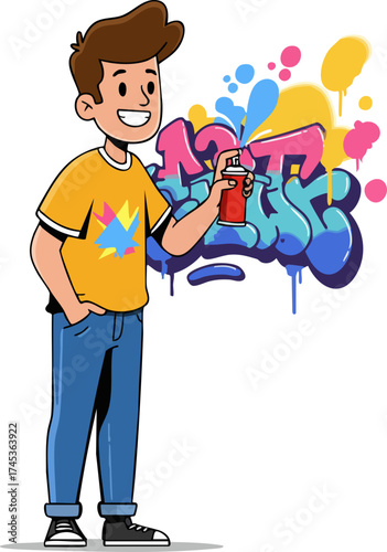 Cartoon Style Cheerful Boy Spraying Graffiti Art on the Wall Illustration