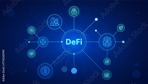 DeFi Decentralized Financial Blockchain Fintech Backgrounds with Cryptocurrency Business Futuristic Connected Networking Exchange Money Future Innovation Technology Security Data Analyze Concepts