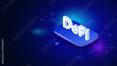DeFi 3d Isometric Text illustration for Decentralized Financial Blockchain and Fintech Backgrounds with Crypto Cryptocurrency Business Futuristic Exchange Innovation Tech Security Data Analyze Concept