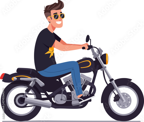 Cartoon Style Man Riding Motorcycle on Road Trip Adventure Illustration