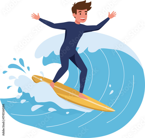 Cheerful Flat Style Illustration of Man Surfing Big Ocean Wave
