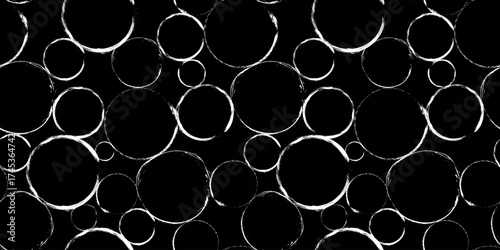 Abstract geometric seamless pattern with textured circles on black. Repeat geometry brush strokes texture. Great for textile, fabric, wallpaper, wrapping, scrapbook and packaging