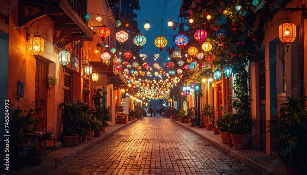 Fototapeta premium Vibrant street adorned with colorful lanterns at dusk, showcasing lively atmosphere and charming architecture