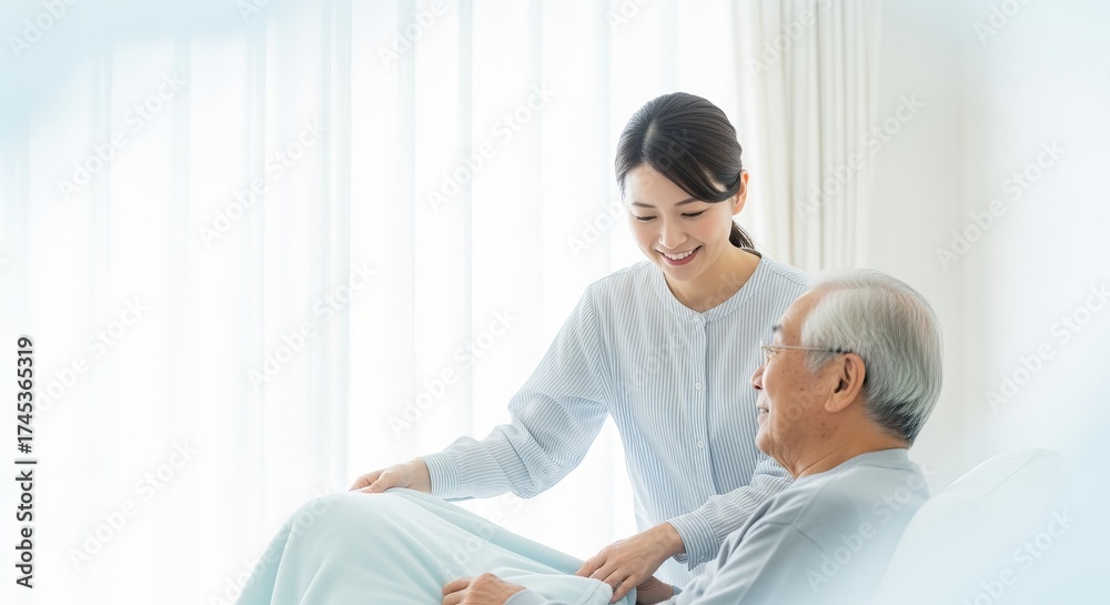 Fototapeta premium Asian woman gently adjusts blanket with warm smile for elderly man