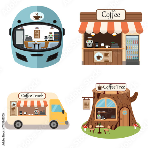 A set of creative coffee shop icons including a helmet cafe, coffee truck, tree cafe, and classic coffee shop. Flat vector design with modern and minimalist style, perfect for branding, infographics.