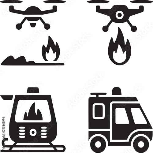 Four black and white icons depicting fire fighting elements including drones helicopter and truck