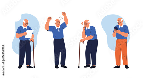 Elderly men in various poses and expressions depicting emotions.